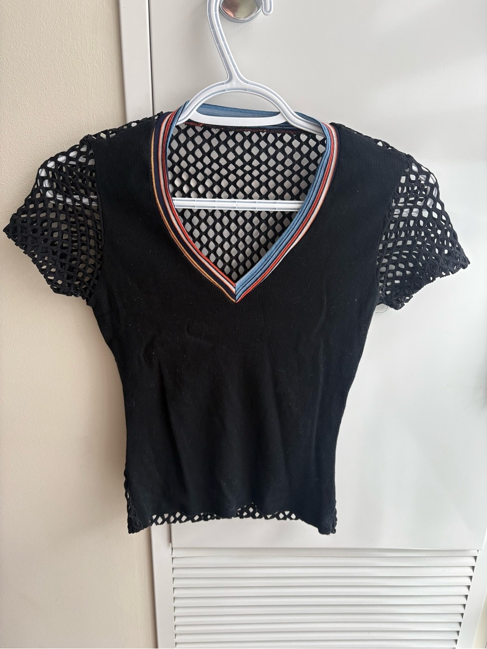 Black V-Neck Mesh Sleeve Women's Top